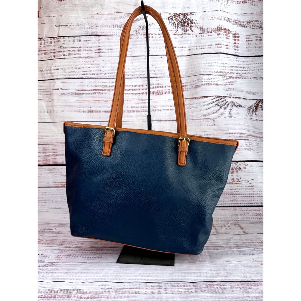 Bueno Navy Blue Cognac Brown Pebbled Vegan Leather Triple Compartment Tote Bag - Picture 1 of 7